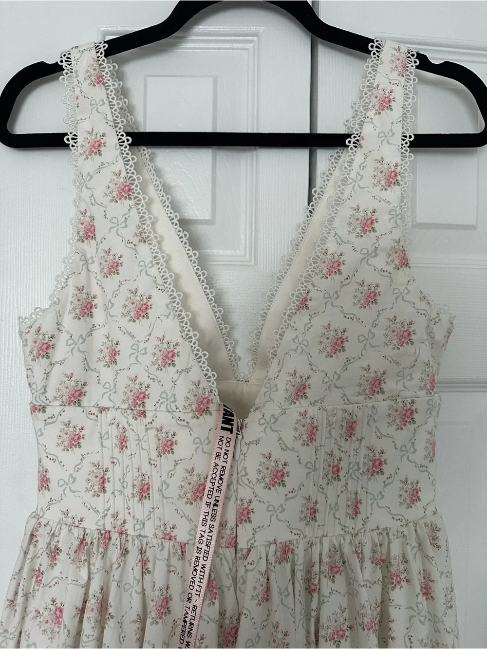 House of CB “Salma” Floral Lace-Trim Mini A-line Dress White with Pink Roses - Picture 11 of 15